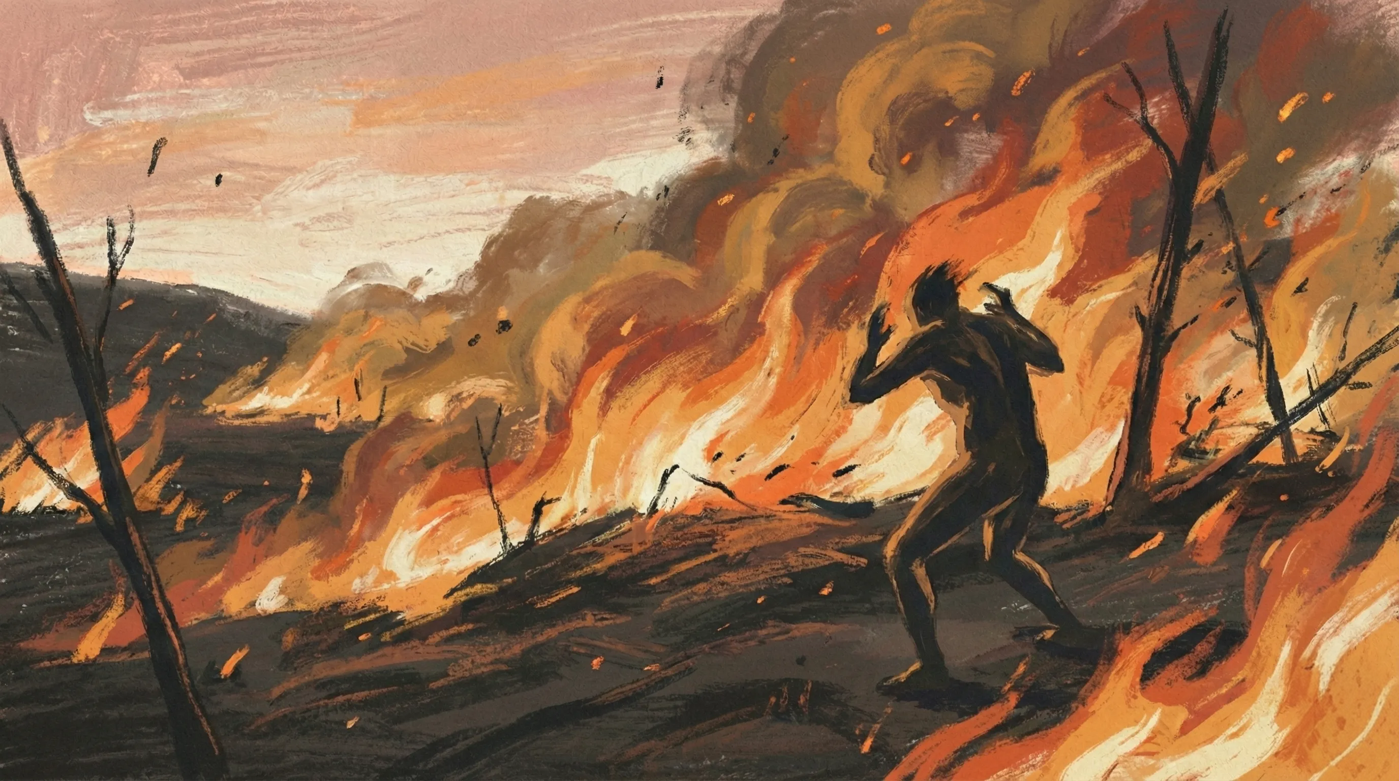 A figure caught in a wildfire
